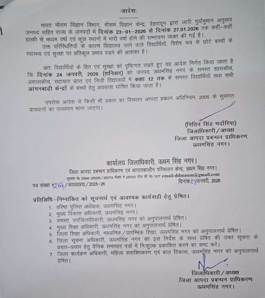 उधमसिंह नगर में भारी बारिश की चेतावनी: स्कूल और आंगनबाड़ी केंद्र रहेंगे बंद