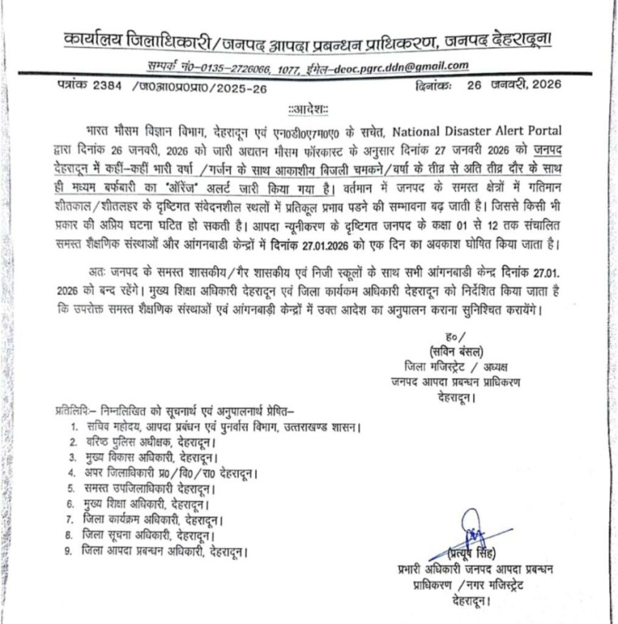 देहरादून में भारी बारिश का अलर्ट, स्कूल और आंगनबाड़ी केंद्र रहेंगे बंद