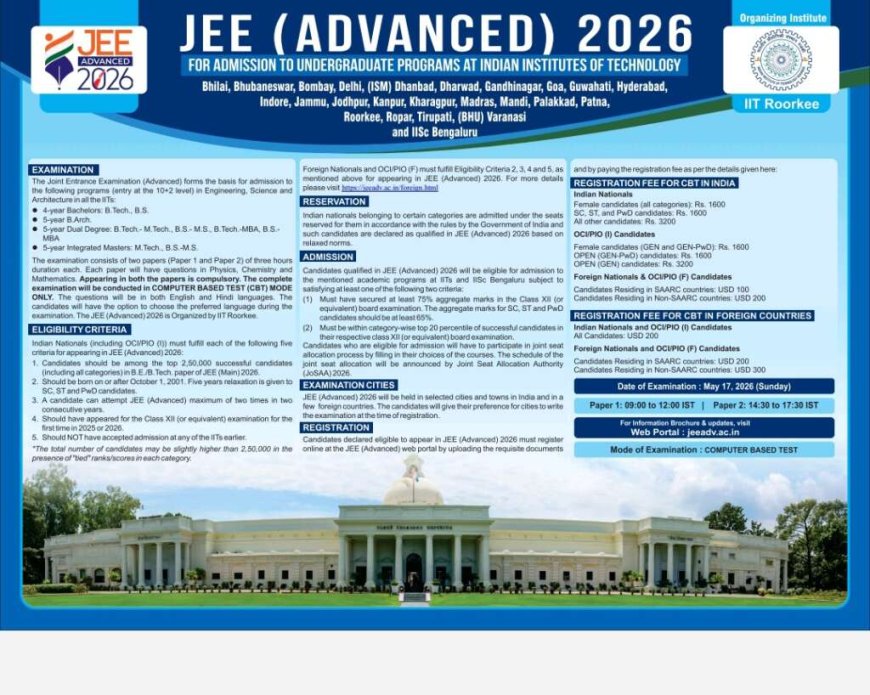 आईआईटी रूड़की द्वारा JEE एडवांस्ड 2026 का आयोजन, परीक्षा 17 मई को