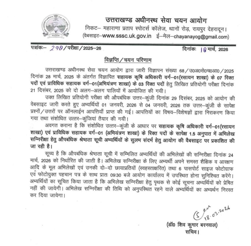 उत्तराखंड अधीनस्थ सेवा चयन आयोग द्वारा सहायक कृषि अधिकारी और प्राविधिक सहायक परीक्षा की ताज़ा जानकारी