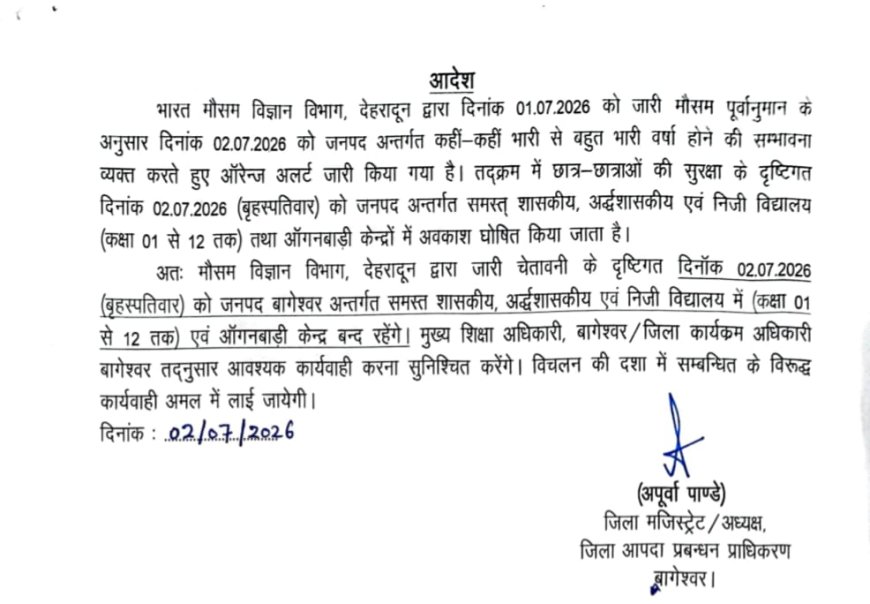 उत्तराखंड में भारी बारिश का अलर्ट: स्कूल और आंगनवाड़ी केन्द्रों में छुट्टी, डीएम का आदेश