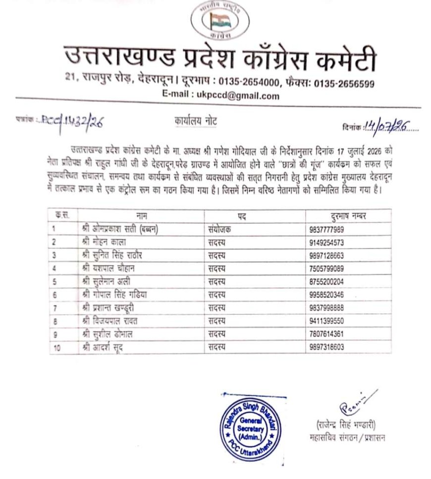 उत्तराखंड में छात्रों के लिए कांग्रेस ने गठित किया कंट्रोल रूम, वरिष्ठ नेताओं को मिली जिम्मेदारी