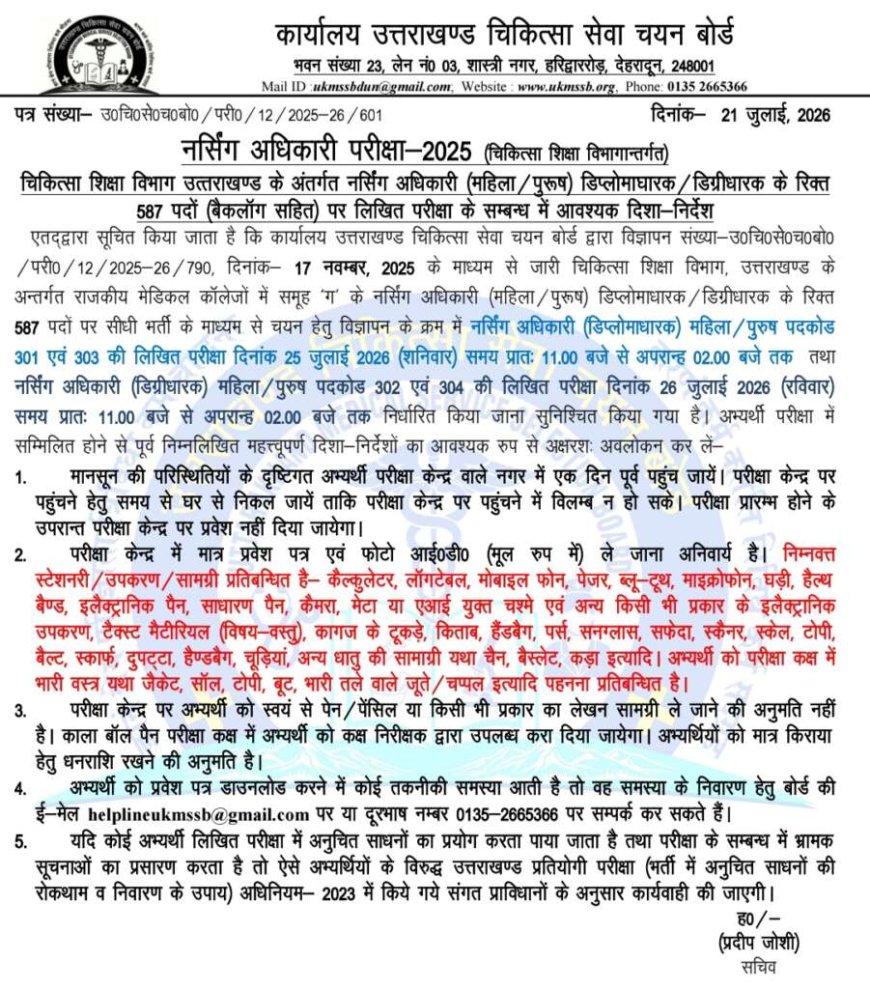 देहरादून: स्वास्थ्य विभाग में 587 रिक्त पदों की भर्ती के लिए नर्सिंग अधिकारी परीक्षा का अपडेट
